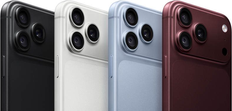iPhone 18 Pro-modellen op een rij, achterkant, in de vier kleuren: Bordeauxrood, Gletsjer, Zilver, Zwart, Pro Fusion-camerasysteem linksboven, 3 lenzen, microfoon, flitser