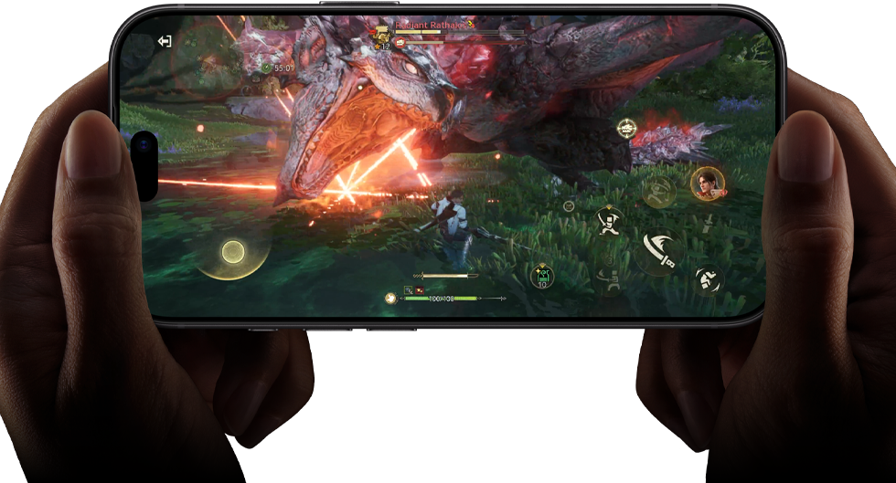 iPhone 18 Pro, voorkant, prestaties van de A20 Pro-chip zijn te zien met een scène uit Monster Hunter Outlanders