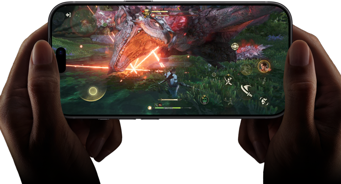 iPhone 18 Pro, voorkant, prestaties van de A20 Pro-chip zijn te zien met een scène uit Monster Hunter Outlanders