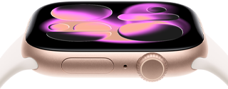 Apple Watch Series 11, kast van rosÃ©goudkleurig aluminium, wijzerplaat Responsive Art, rechterkant: Digital Crown, microfoon, zijknop, rosÃ© sportbandje