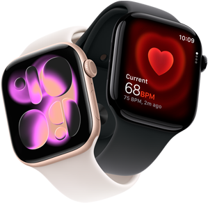 Apple Watch Series 11, rosÃ©goudkleurig aluminium, wijzerplaat Responsive Art, rechterkant: Digital Crown, microfoon, zijknop, rosÃ© sportbandje, Apple Watch Series 11, gitzwart aluminium, Hartslag-app, huidig aantal slagen per minuut, rechterkant: Digital Crown, zwart sportbandje