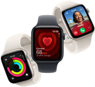 Drie Apple Watch SE 3-devices die naast elkaar zweven